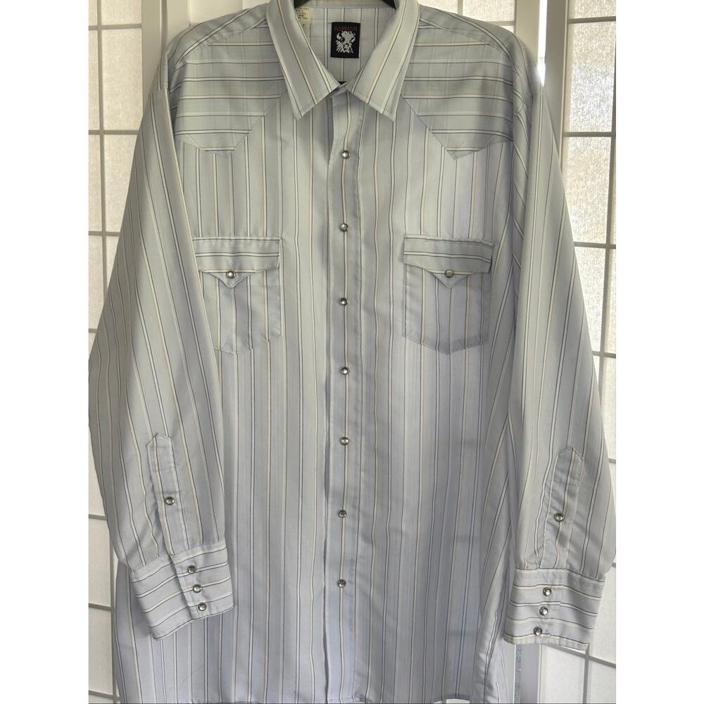 Vintage Karman Western Shirt Pearl Snap Striped Big Man 1XL Tall Cowboy USA